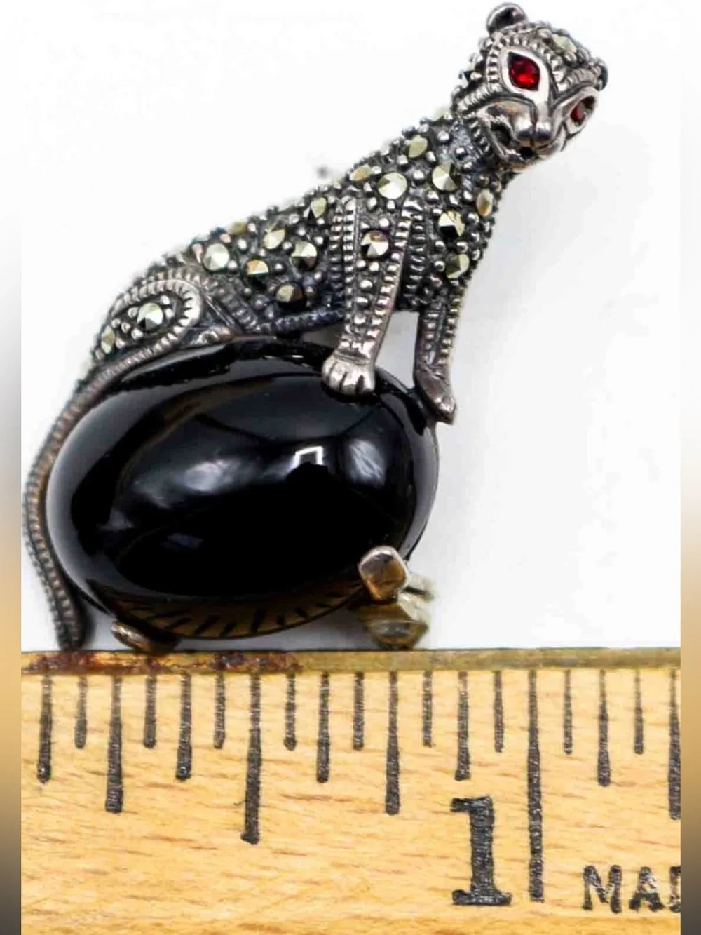 Sterling Marcasite Black Onyx Panther Brooch w Red Garnet Eyes. RARE ART DECO